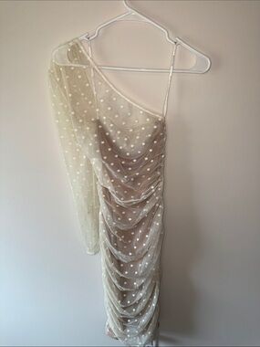One-Shoulder Polka Dot Sheer Overlay Dress in Ivory
